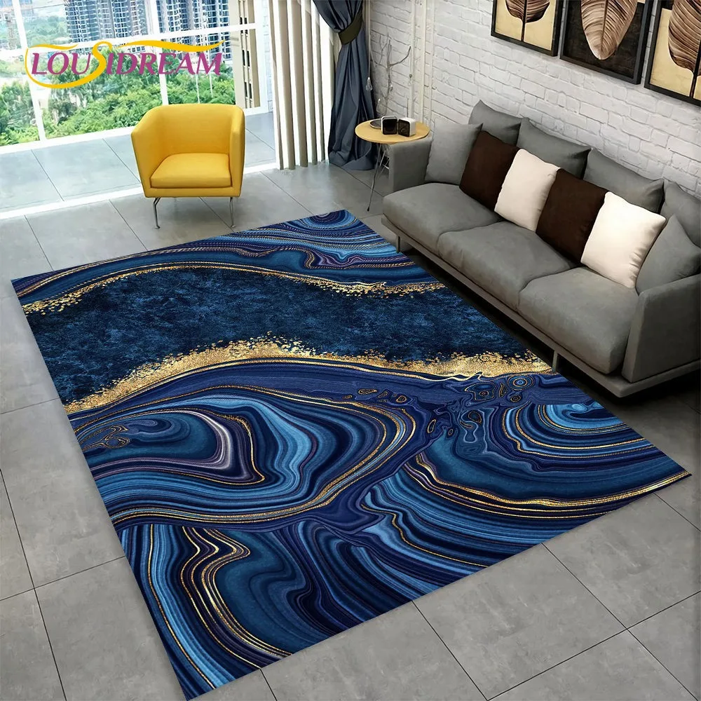 Nordic Blue Golden Colour Marble Geometric Area Rug Carpet Rug for Living Room Bedroom Sofa Doormat Decor Non-slip Floor Mat