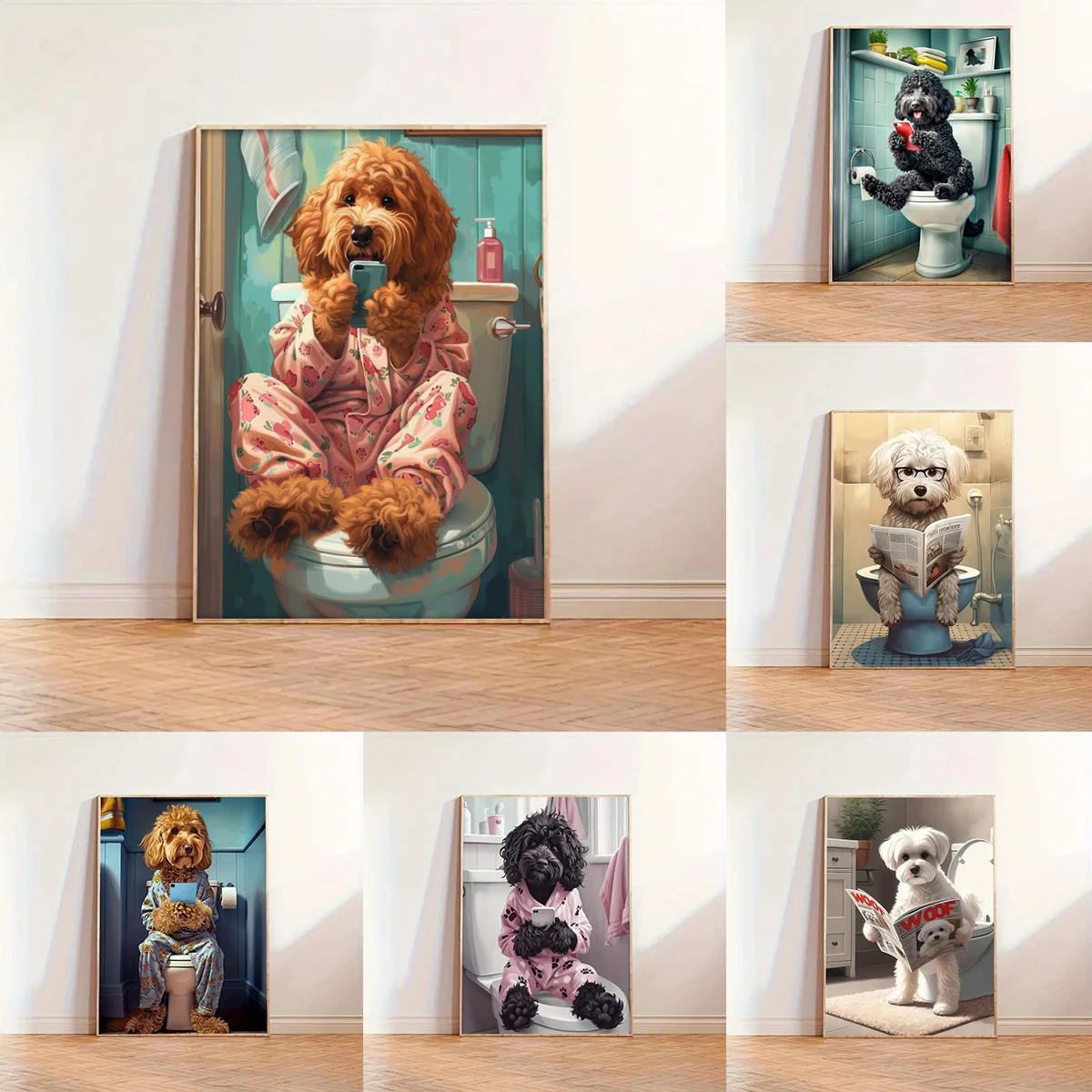 Nordic Golden Teddy & Maltese Dog Playing with Mobile Phone Canvas Prints Animal Wall Art Posters for Toilets Home Decor Cuadros