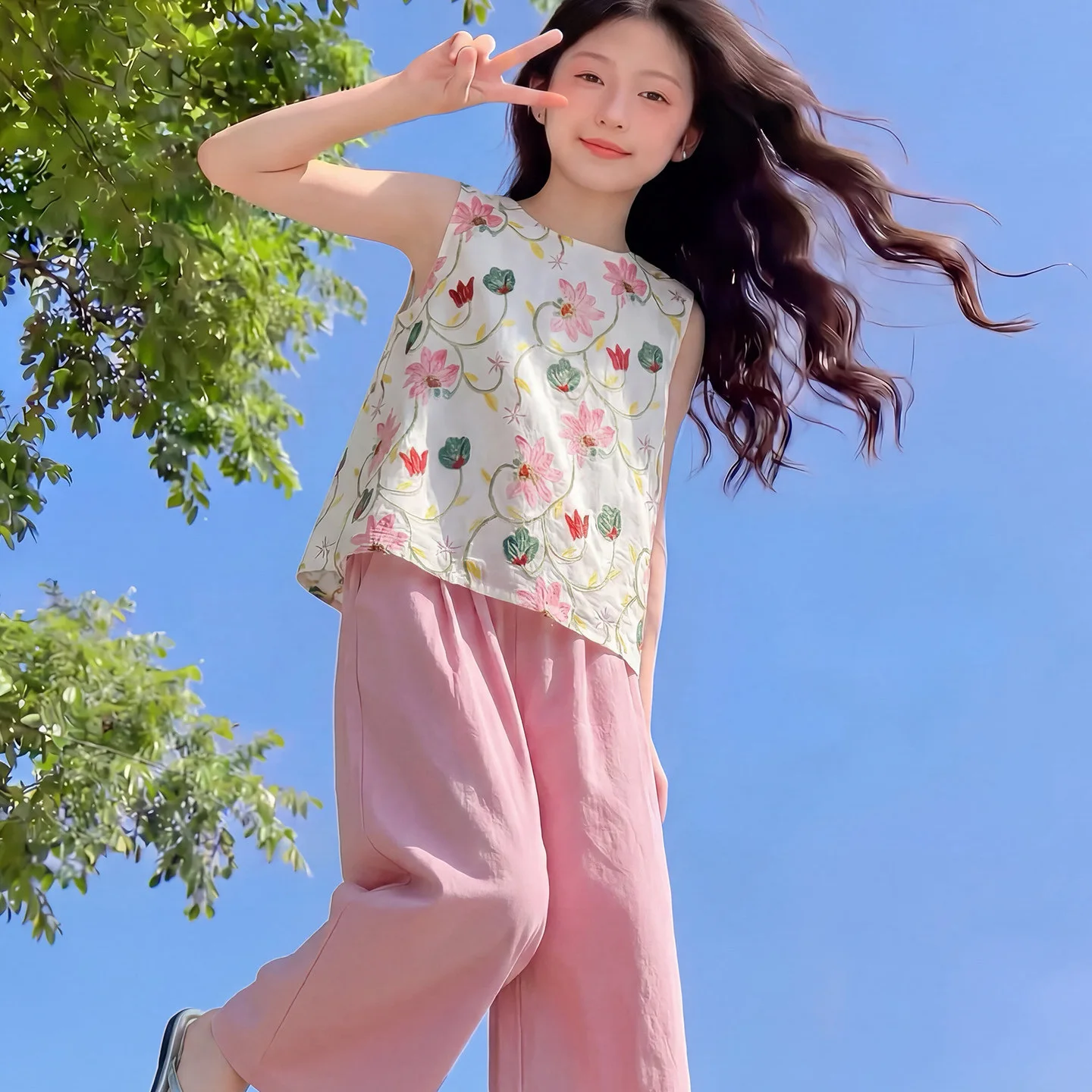 2026 summer Kid Children set Girls sleeveless floral Cloth T-Shirt chiffon + loose casual Pants outfit 4 8 10 12 15 year