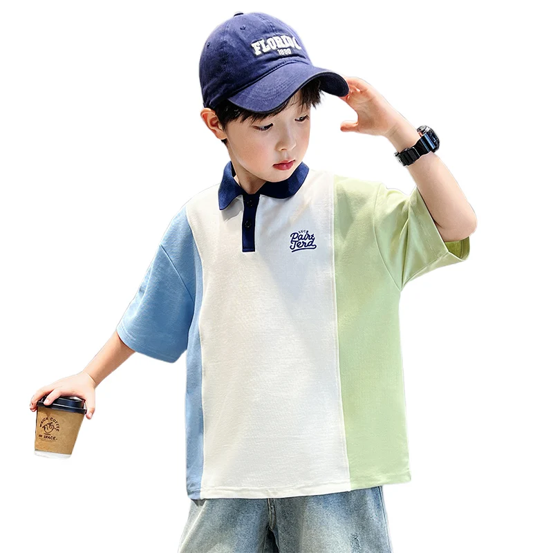 Summer Kids Boys Polo Shirts Cotton Tops Tees for Tweens Child Cotton Patchwork T-Shirt Clothes 5 6 7 8 9 10 11 12 13 14 Years