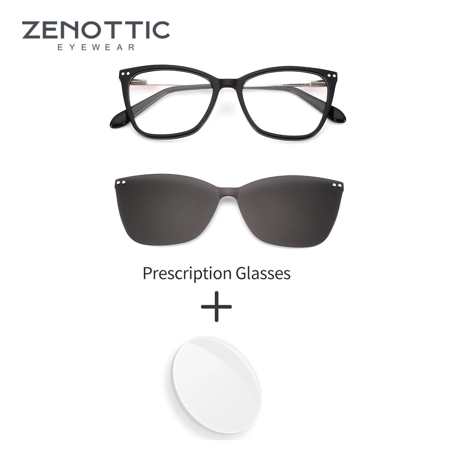 ZENOTTIC (S Size) Fit Clip On Prescription Glasses for Women Butterfly Acetate Frame Magnetic Progressive Women's Sun Glasses