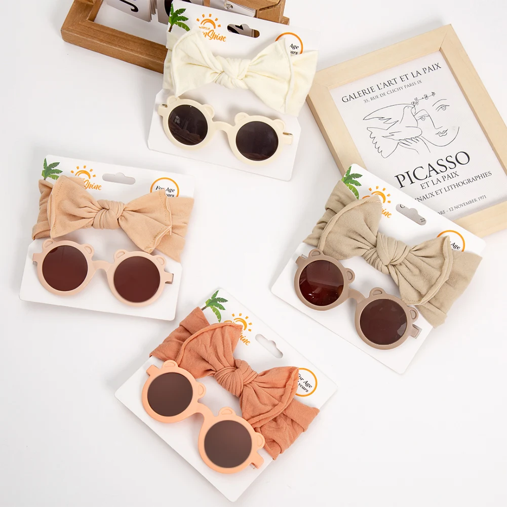 2Pcs/Set Bear Baby Sunglasses High Elastic Nylon Bow Headbands Color Round Frame Polarized Sun Protection Glasses Kids Eyewear