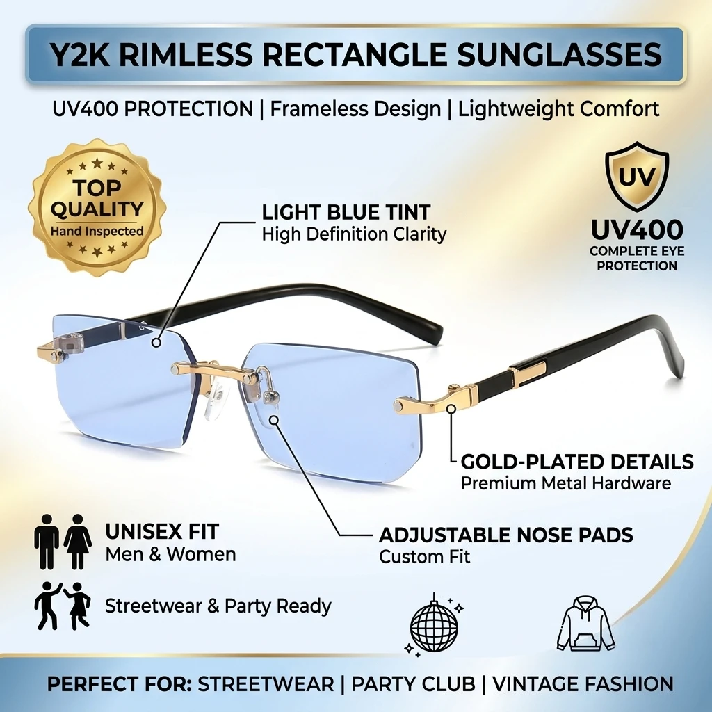 Rimless Rectangle Sunglasses Y2K Frameless UV400 Protection Sun Glasses Vintage Shades For Women Men Streetwear Party Club