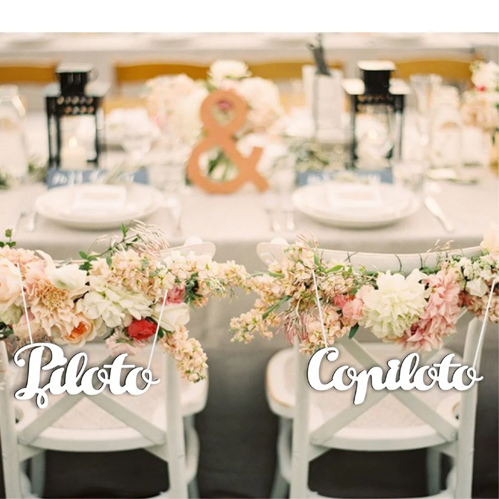 Piloto & Copiloto Wedding Chair Signs - Laser Cut White Wooden 0.4cm Thick, Travel Theme Chair Back Decor for Beach Wedding