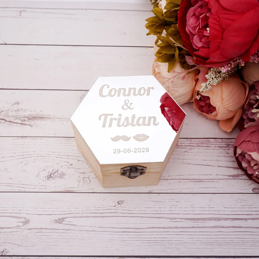 Wedding Box Custom Name Sign Acrylic Cover Hexagon Wooden Candy Boxes With Buckle Personalized Table Display Party Favors Decor