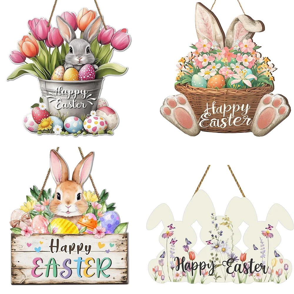 Easter Rabbit Wooden Hanging Sign – Cute Bunny Door Hanger Decorative Plaque for Easter and Spring Home Decor