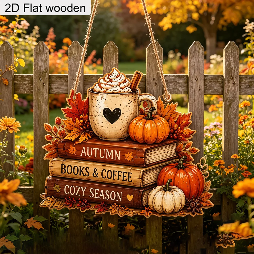 2D Flat and Coffee Themed Wooden Hanging Sign, Rustic Farmhouse Home Wall Decoration Plaque, Autumn Thanksgiving Decoration