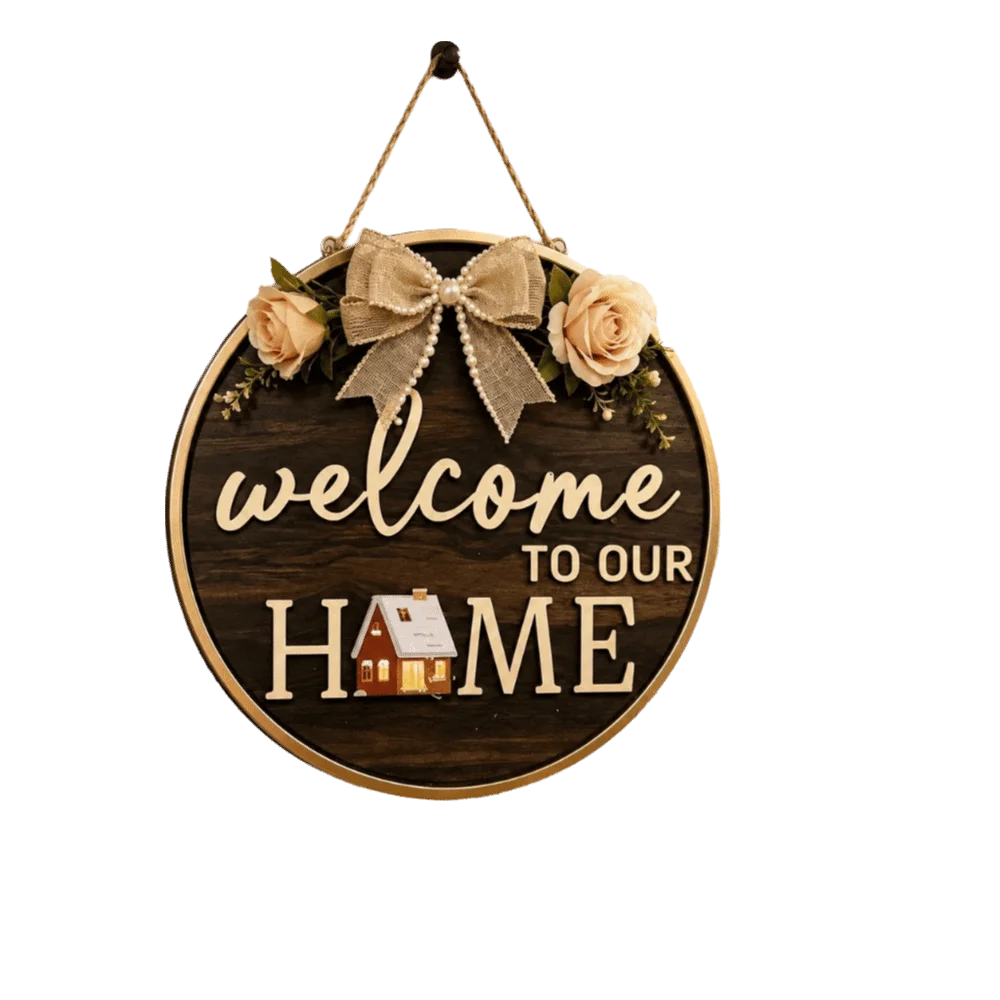 Creative 2D Flat Welcome Sign Wooden Bow Knot Hanging Decoration Flower Round Shape Wall Art Porch Decor