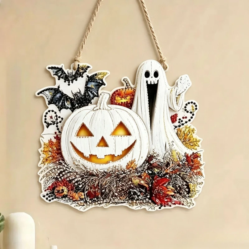 Halloween Wooden Hanging Sign – Magic Witch Riding Broom Design, Printed Decor for Door Window Garden Home Ornament