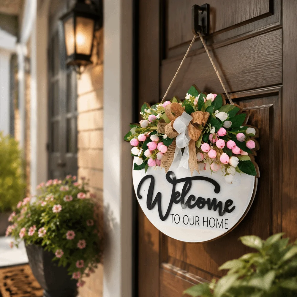Ornaments 2D Flat Welcome Sign Wooden Bow Knot Hanging Decoration Flower Round Shape Wall Art Wall Decor
