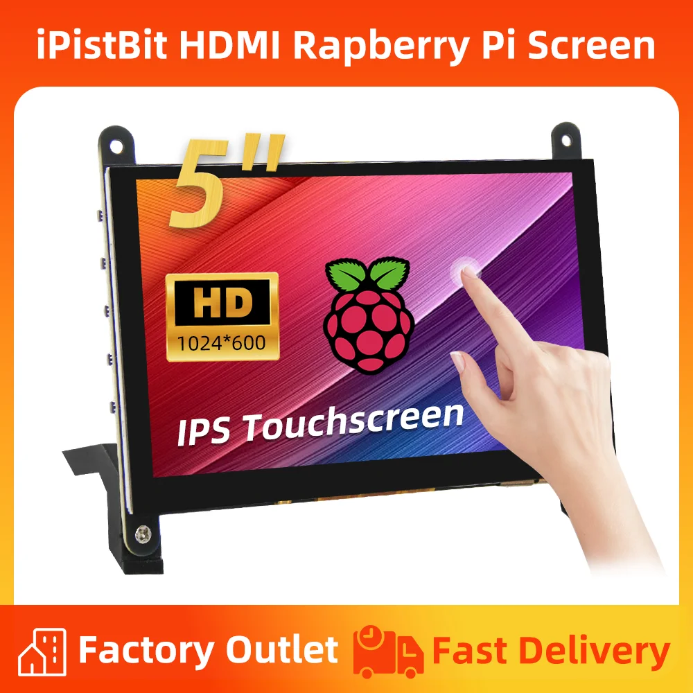 iPistBit 5'' Raspberry Pi Monitor Touchscreen Monitor 1024*600 HDMI IPS Capacitive Screen for Raspberry Pi 5 4 3 2 Driver-Free