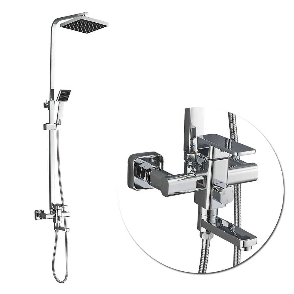 Azeta European Chrome Square Shower System Column Faucet Mixer Set Wall Mount Single Handle Bathroom Rain Bath Shower Sets