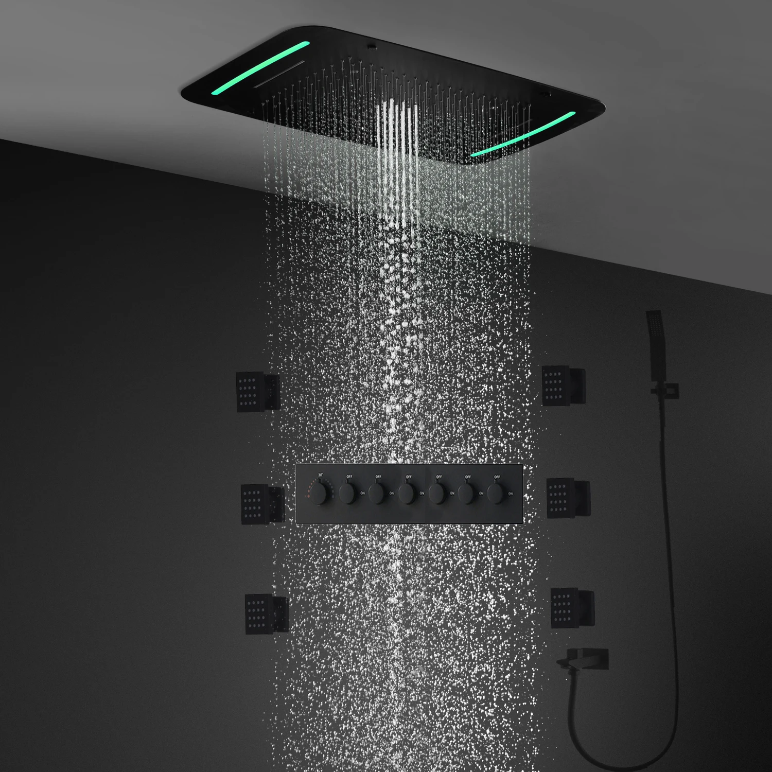 hm Ceiling Rain Shower Set Waterfall Rainfall Shower Head Thermostatic Mixer Batrhroom LED Shower Facuets System With Body Jets