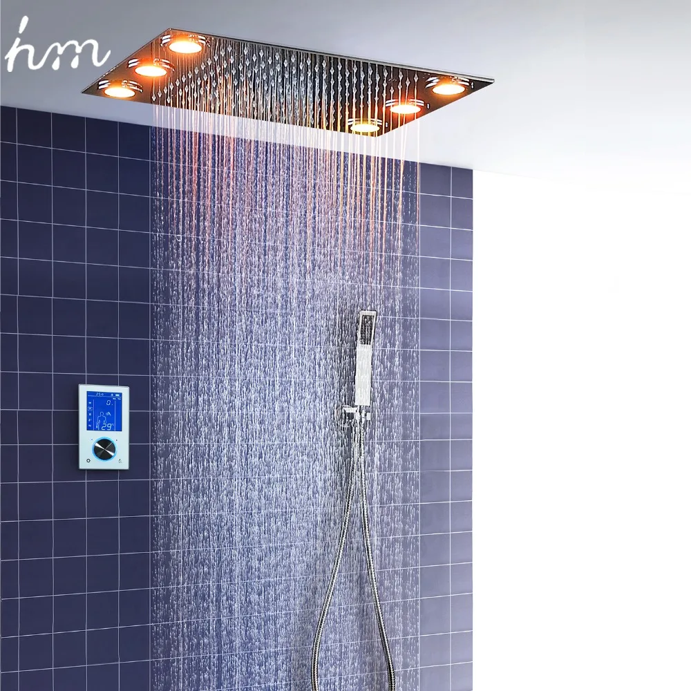 hm Modern Thermostatic Shower System Set 360×500MM Ceiling LED Shower Set Square Rain Shower Head Panel Digital Mixer Faucets
