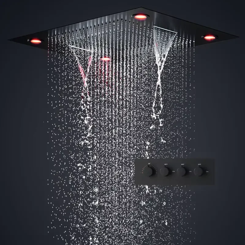 Bathroom Black Shower Set 600*800mm Ceiling Large Multi Function LED Shower Head System Thermostatic Mixer Waterfall Faucets