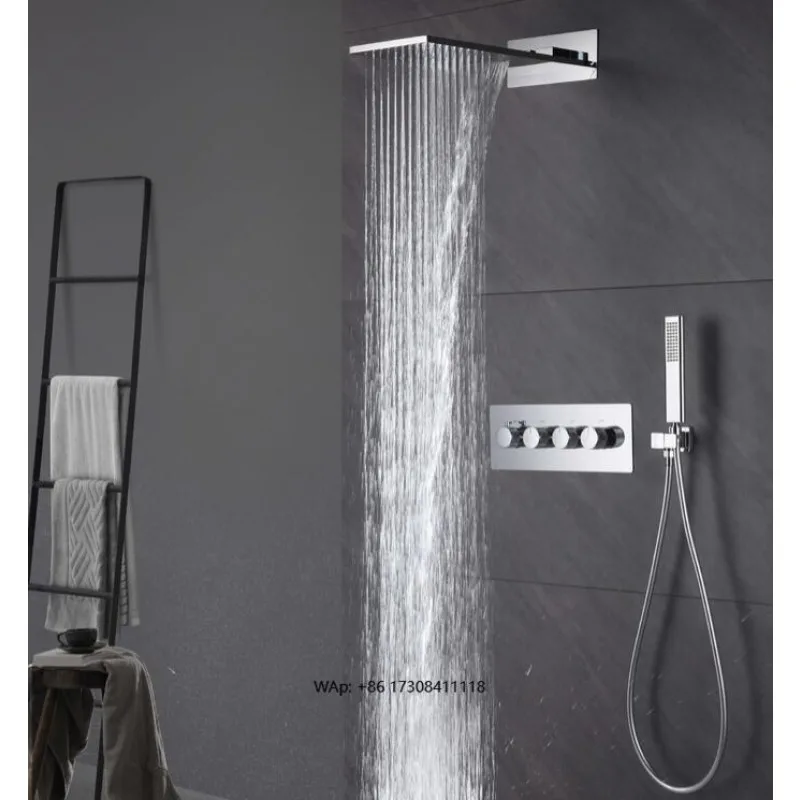Luxury solid brass wall-mounted three-way constant temperature rainfall waterfall hidden shower mixer set bathroom shower system