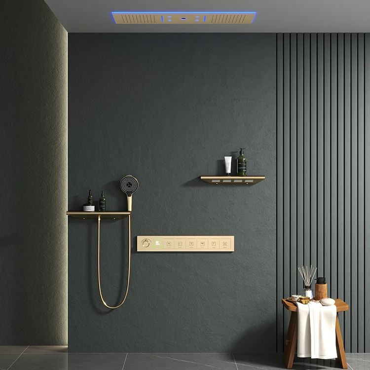 Luxury LED Thermostatic Shower Mixer Set Ceiling Mounted Rainfall Waterfall Mist Bath Faucet System with Storage Rack Bathroom