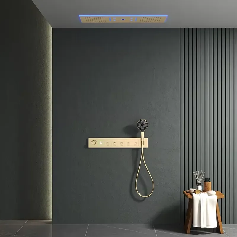 LED Light Brass Shower System Rain Jet Ceiling Rainfall Mixer Faucet Set Thermostatic Concealed Wall-Mount Slide Bar Shower
