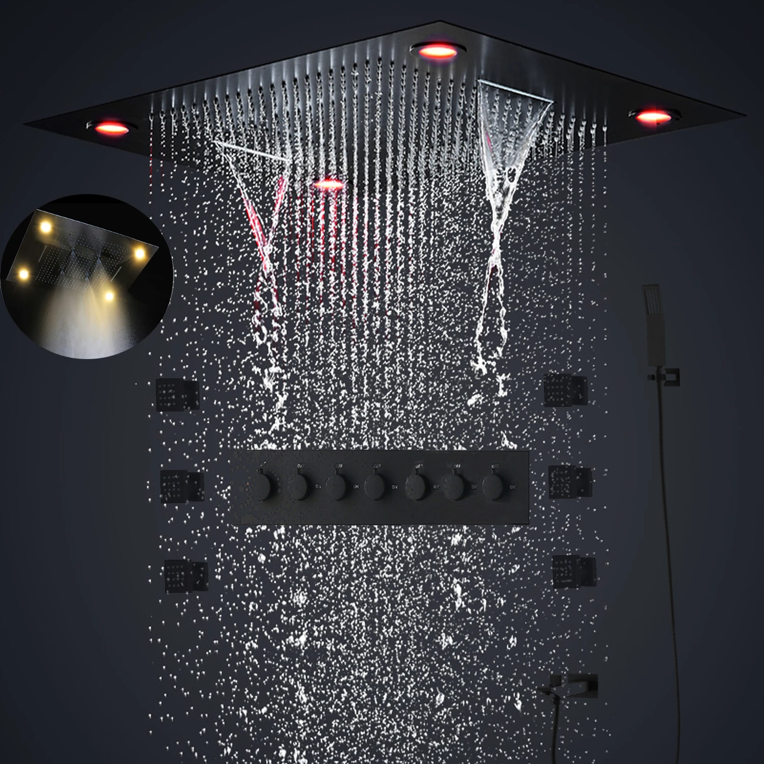 HM Modern Ceiling LED Shower System Set Large Waterfall Rain Shower Head 800x600MM Bathroom Thermostatic Mixer Faucets Body Jet