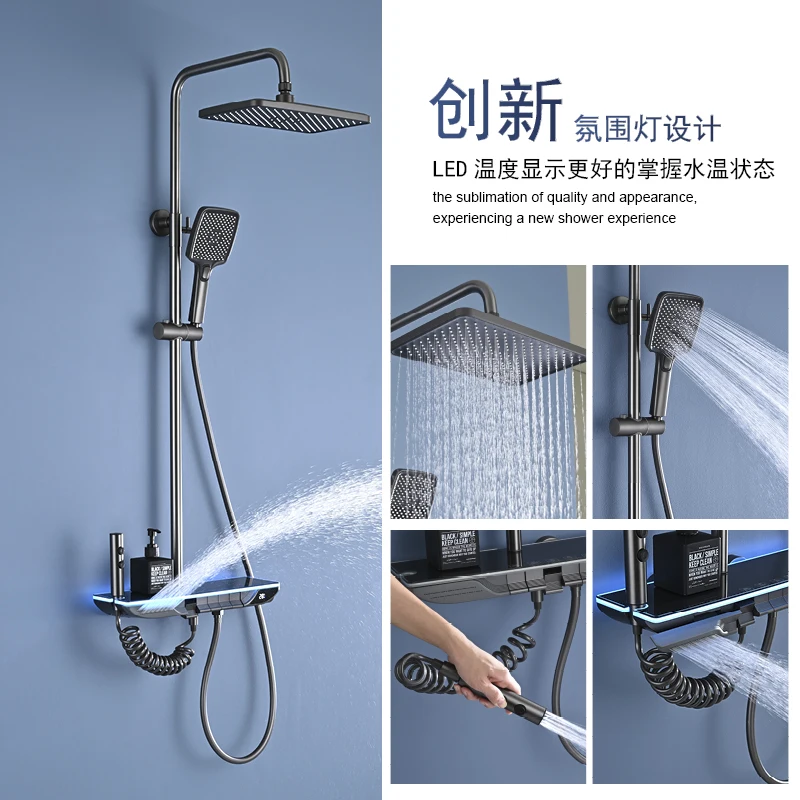 Bathroom Shower System with Hand Shower Wall Mounted 5 Function Shower Faucet Set Bathroom Rainfall Shower Mixer Combo Set Gray