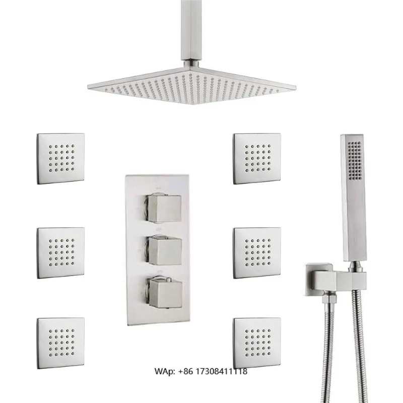 Thermostatic Shower System Light Emitting Diode Shower System Bathroom Shower Faucet with Body Jet Mixer Set and Slider