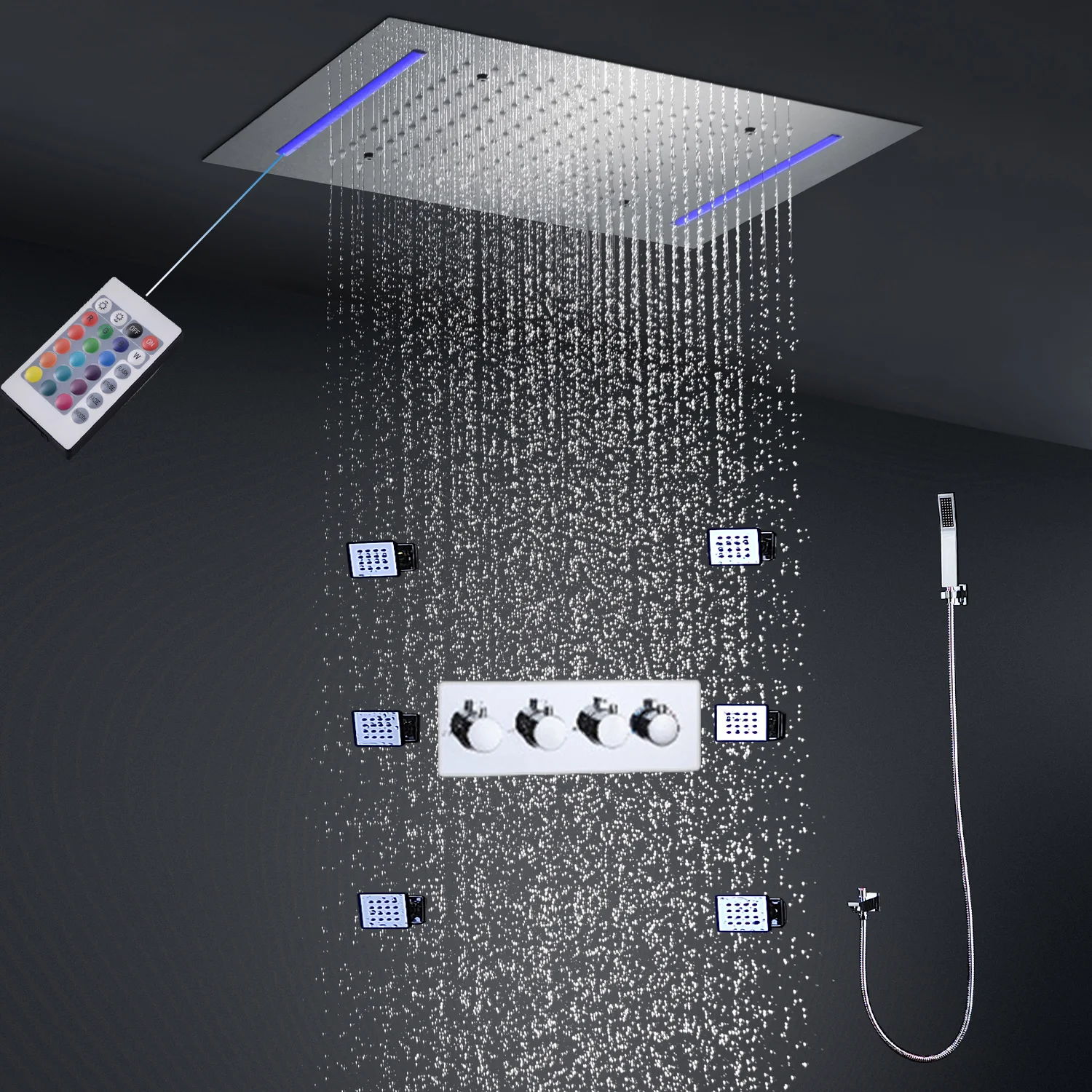 hm Rainfall LED Shower Systems Set Bathroom Thermostatic Mixer Faucets Concealed Ceiling Rain Shower Head Panel With Body Jets