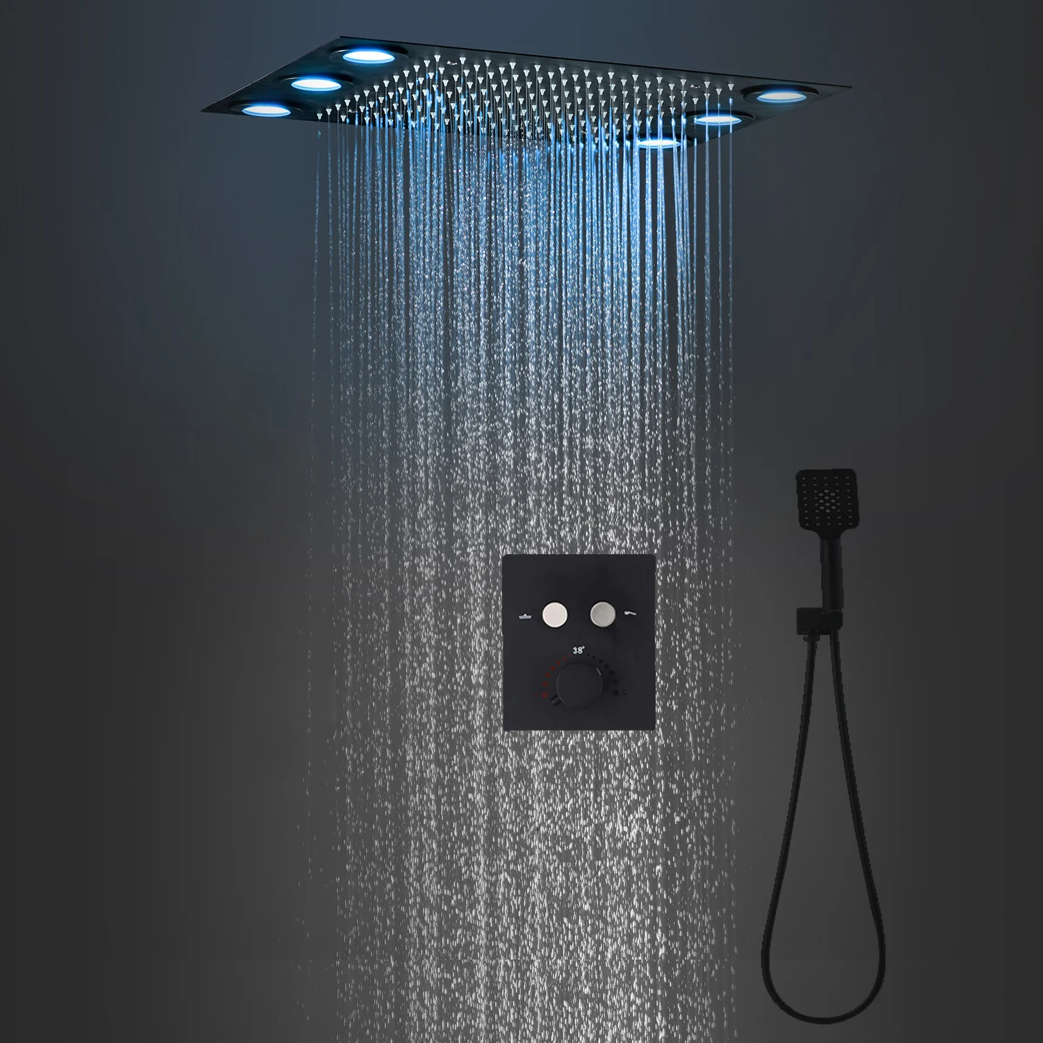 hm Bathroom Accessories LED Shower System Set 20X14Inch Rainfall Shower Head Touch Button Thermostatic Mixer Switch Black Faucet