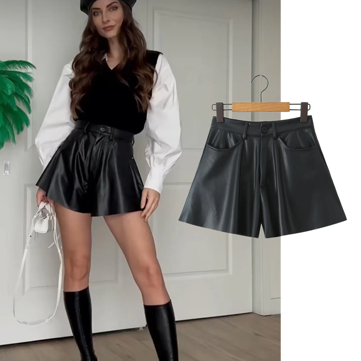 Dave&Di Fashion Blogger High Waisted Black Pu Leather Shorts Women For Winter Bermuda Harem Shorts