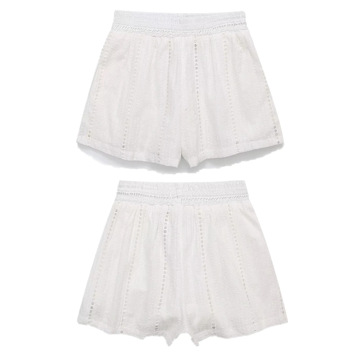 Maxdutti French Hollow Embroidery Cotton Shorts For Women Minimalist White Bermuda Summer High Waisted Shorts Women