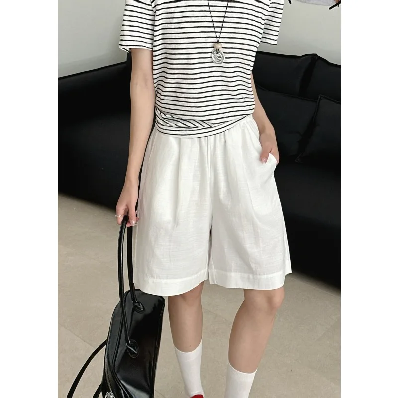 Women's Summer Shorts Cotton High Waist A Line Loose Navy Blue Short Pants Lady White Bermuda Shorts For Women Baggy