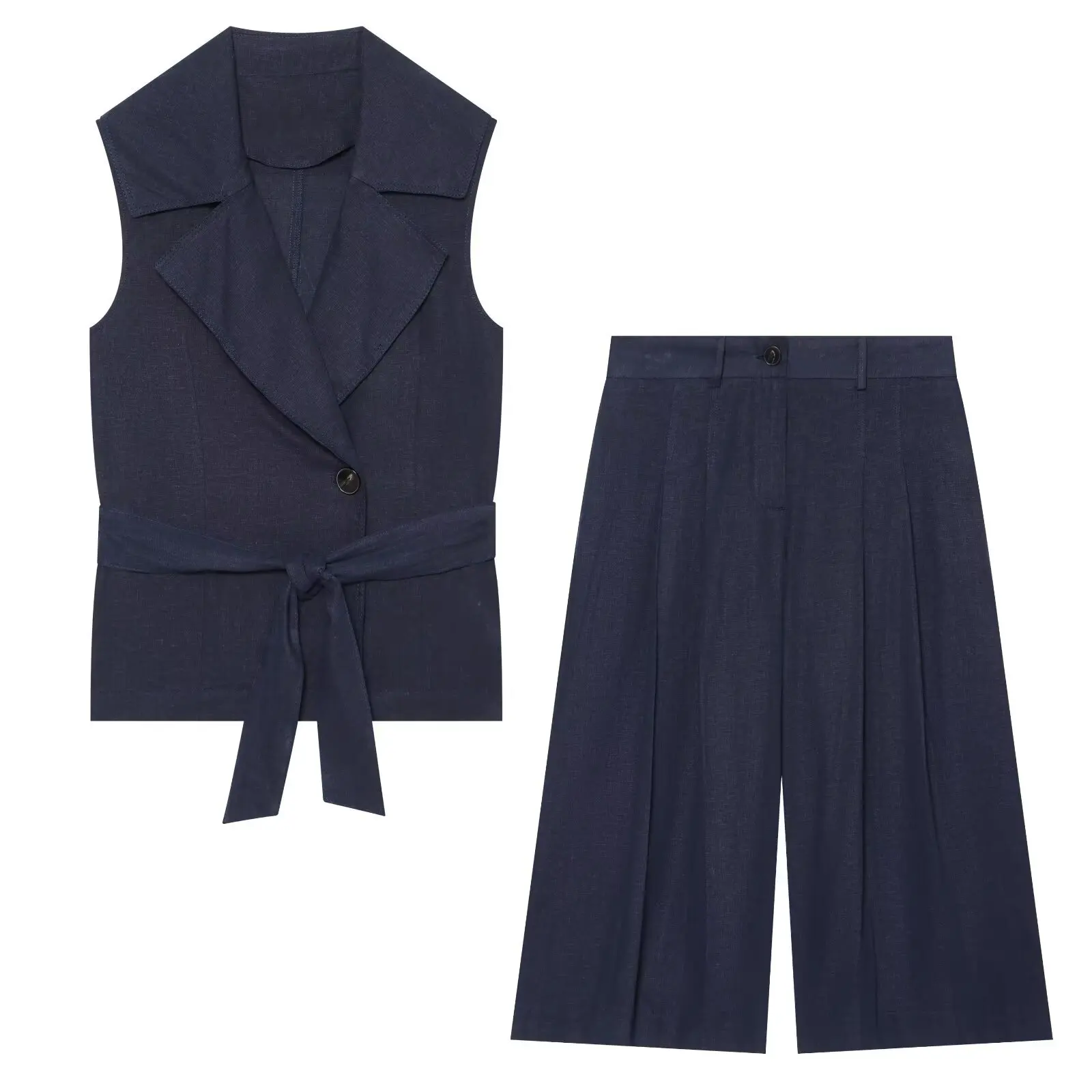 Women Summer Navy Blue Sleeveless Vest Blazer Belted Top High Waist Pleated Wide Leg Bermuda Shorts Sets Fashion Pant Suits