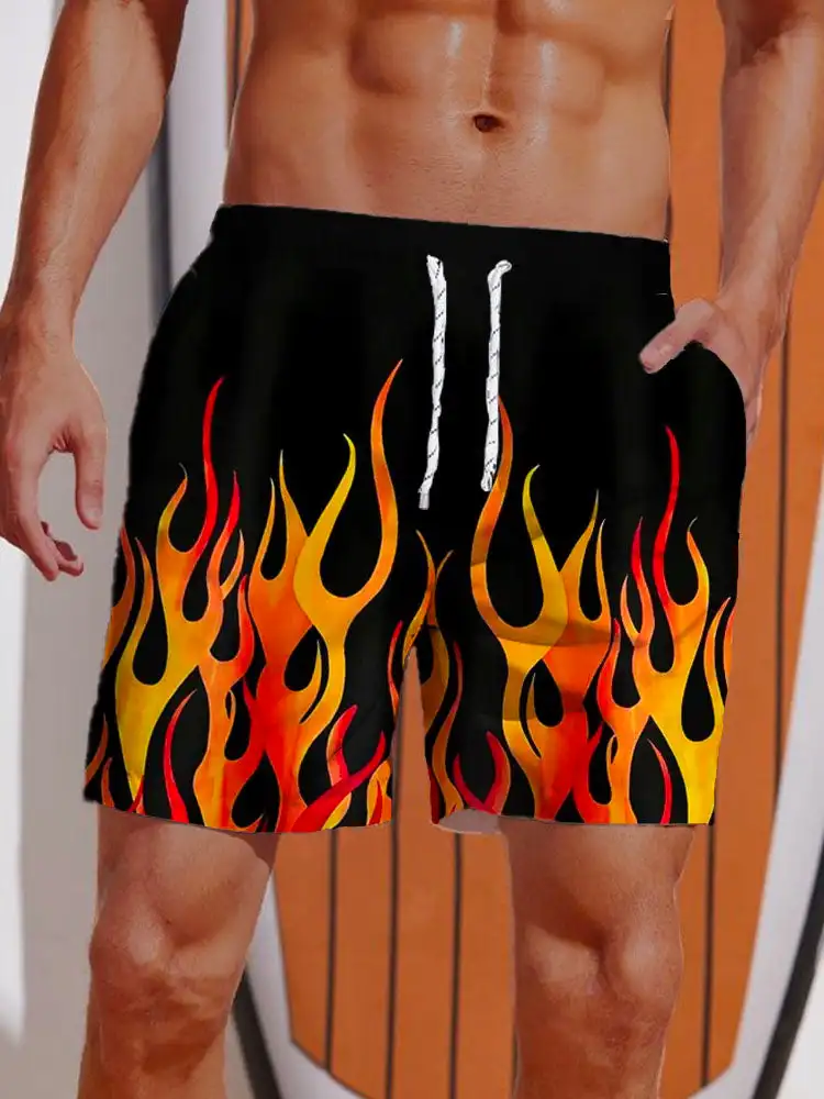 2024 Summer 3D Printed Striped Flame Printing Shorts Men's Board Shorts Swim Trunks Drawstring Breathable Short Hawaiian shorts