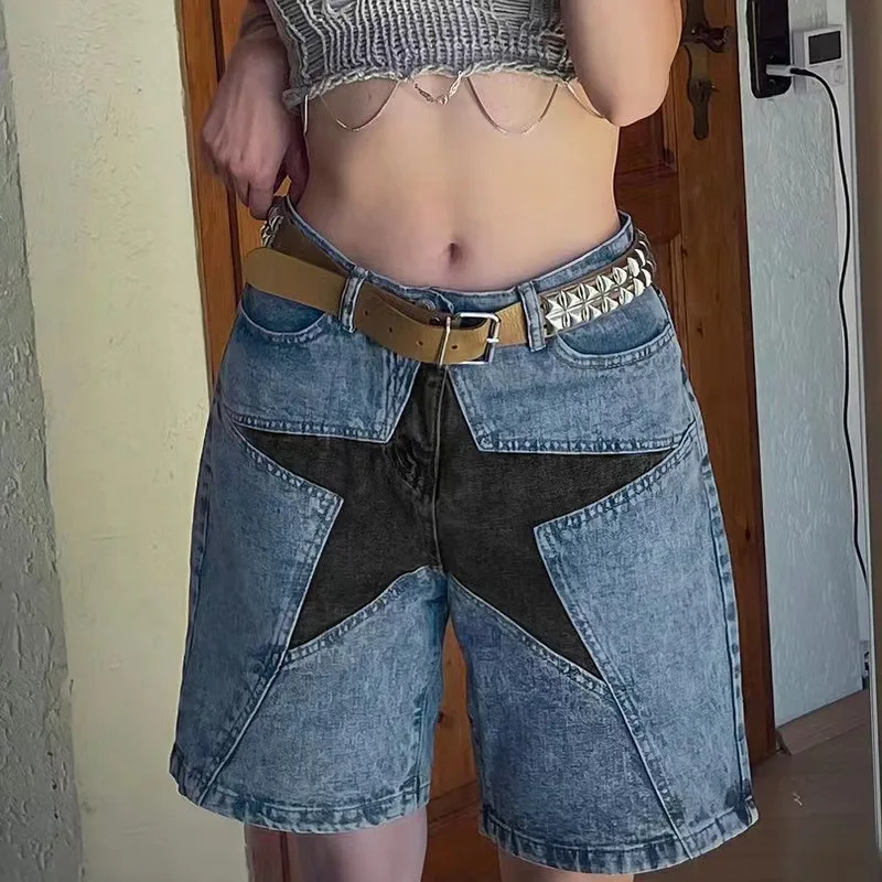 Stars Patchwork Women Short Jeans Vintage Denim Bermuda Shorts Streetwear Loose Summer Pants Fashion Women Clothing