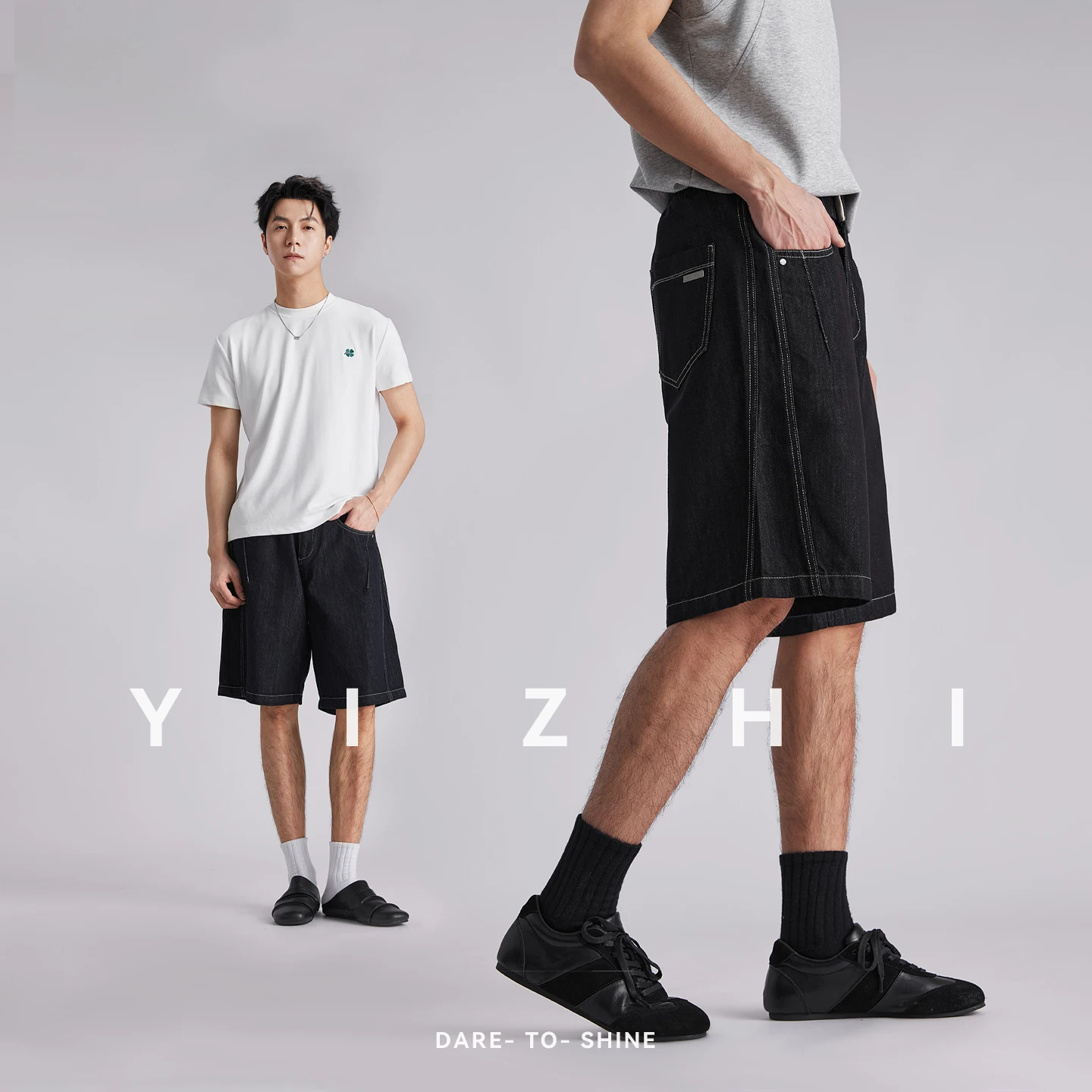 Fashion Men Lyocell Stitch Detail Denim Shorts New 2026 Summer Loose Straight Elastic Waist Versatile 5 Inch Bermuda Shorts