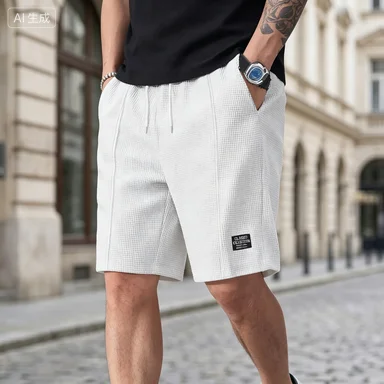 Men's Waffle Knit Knee Length Shorts Summer Elastic Drawstring Bermuda Shorts Solid Color Loose Casual Sweat Shorts with Pocket Patch