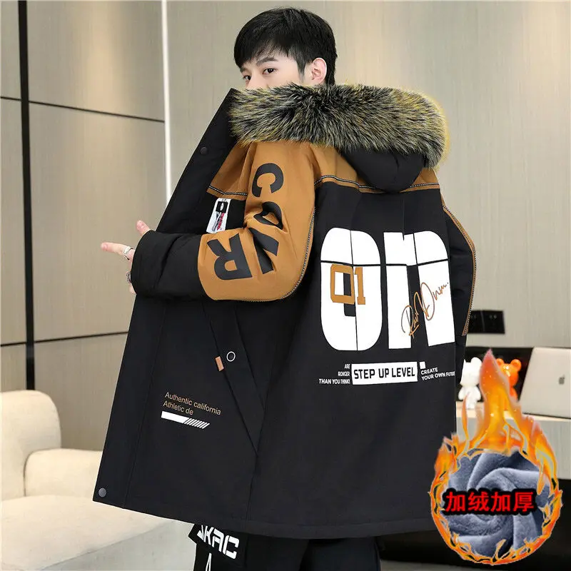 Casual Warm Hooded Fleece Jacket Men‘s Winter Windproof Mid-Length Thick Plush Coat Outwear Detachable Fur Collar Parka Clothin