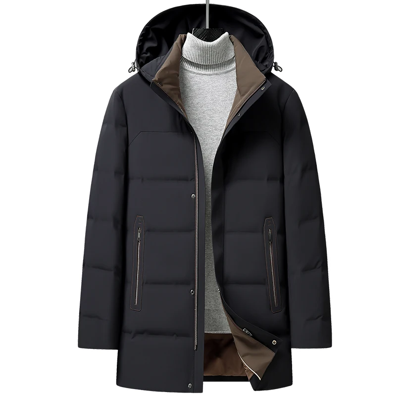 Casual Winter Mens Warm Hooded Duck Down Jacket Solid Detachable Hat Puffer Coat Outwear Loose Windproof Thick Mid-Length Parkas
