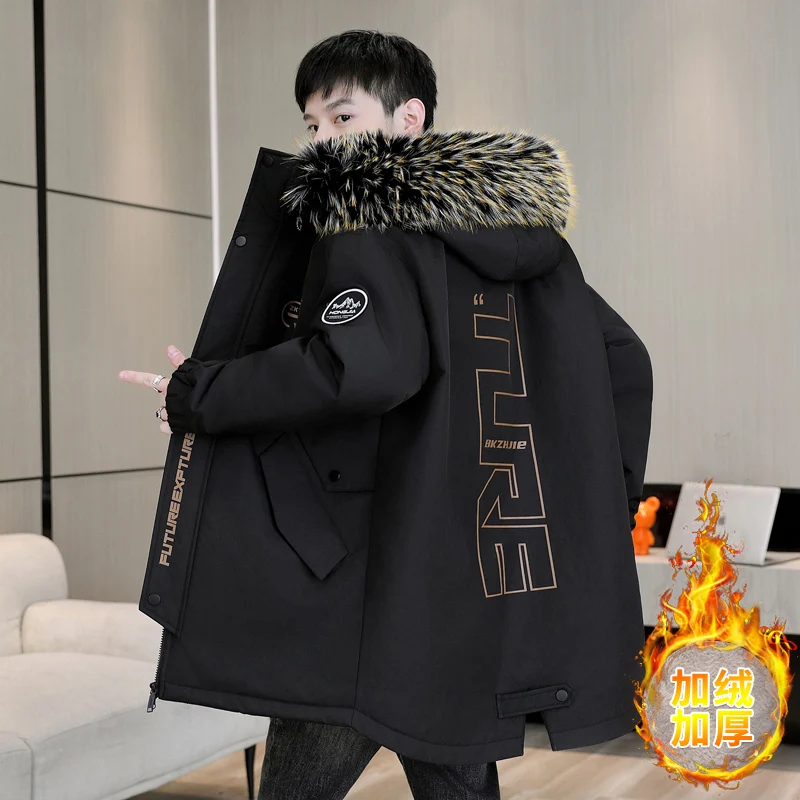 Casual Men's Mid-Length Fleece Hooded Jackets 2026 Winter Detachable Fur Collar Thicken Parkas Outwear Windproof Warm Plush Coat
