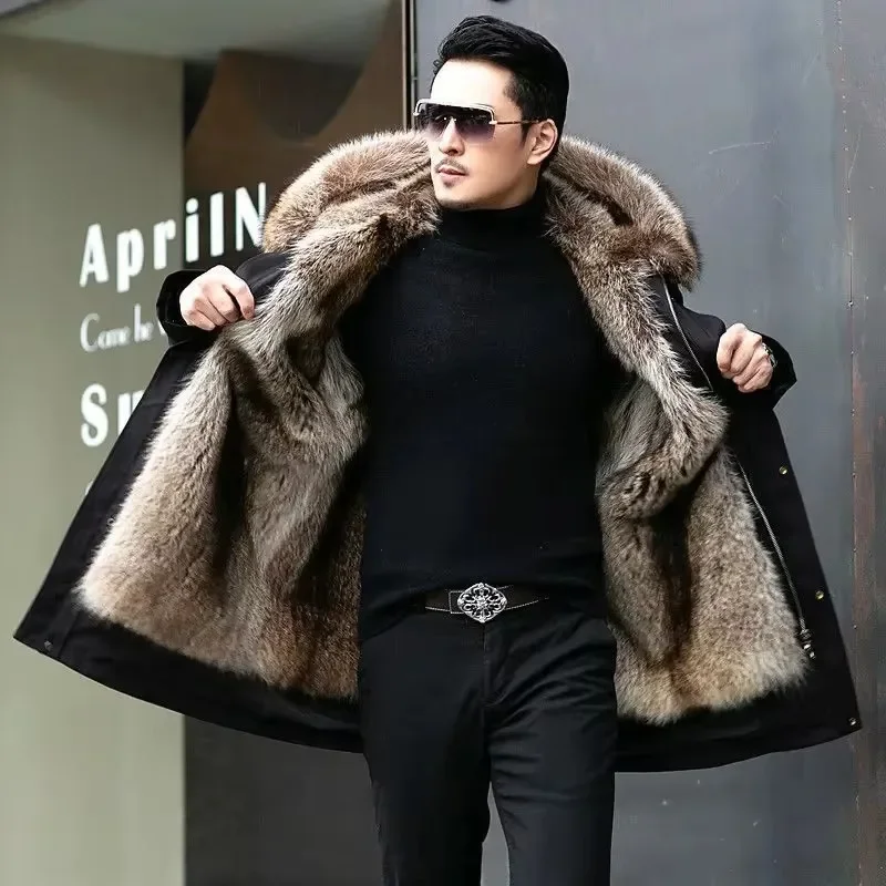 Fur Coat Detachable Hooded Keep Warm Jacket Parka Men Whole Mink Liner Winter New Fur Coat Mink-like Wool Mid-Length Leather