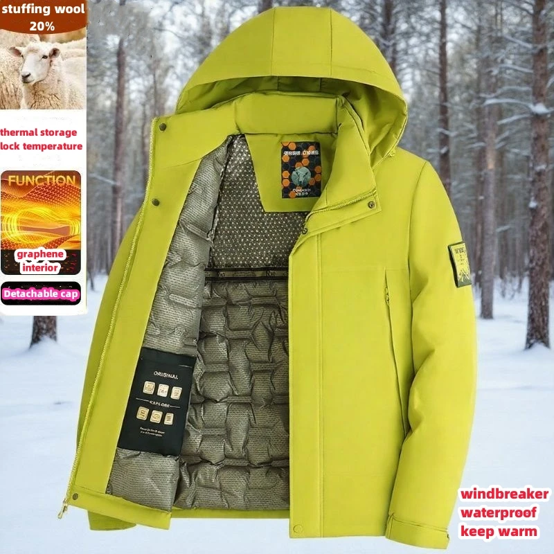 Male Warm Winter Jackets Wool Stuffing Parkas Graphene Detachable Cap Hoodies Jacket Outdoorwear Cold-resistant Windbreaker Coat