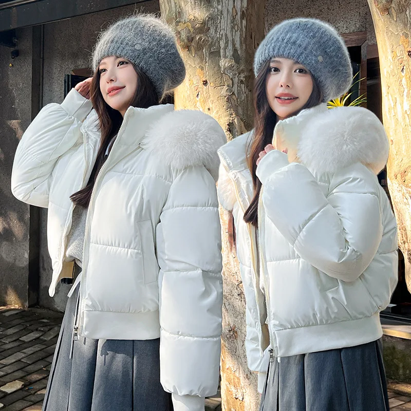 Women Short Parkas Coat Solid Jacket Detachable Fur Collar Hooded Zipper Pocket Long Sleeve Thick Office Lady Casual 2025 Winter