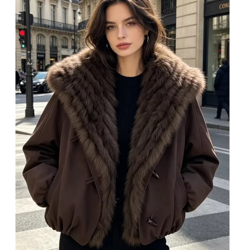Fur Jackets Winter Natural Real Fox Fur Coat Detachable Collar Short Coat Women Loose White Duck Down Jacket Warm Fur Parka