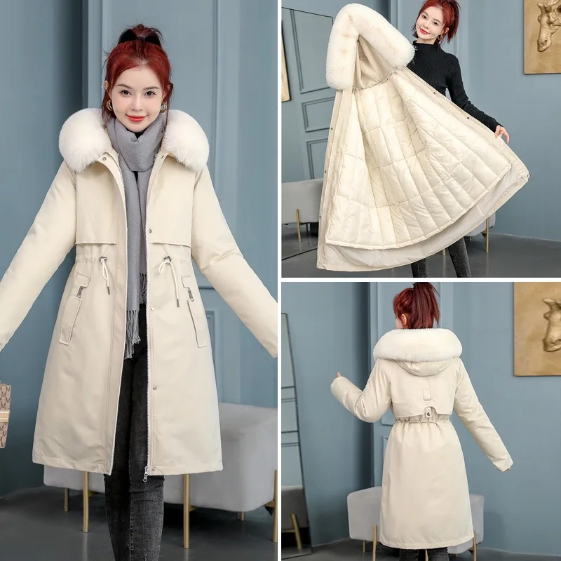 Long Parka For Women 2025 Winter New Thickened Detachable Inner Liner Slim Fit Down Cotton Jacket Trendy