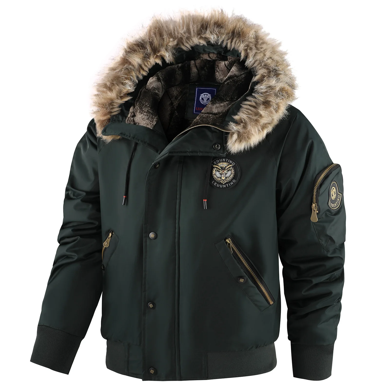 Winter Men's Hooded Faux Fur Parkas Fleece Pilot Jacket Winter Windproof Fleece-Lined Parka Jackets Men Thickened Workwear Coat