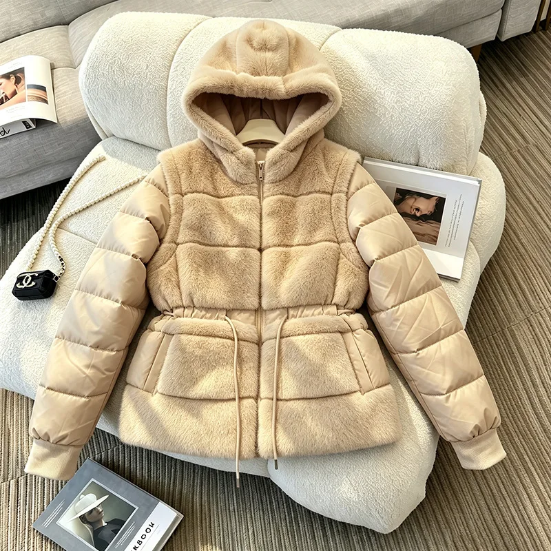 Luxury Brand Faux Fur Patchwork Puffer Jacket Warm Winter Women Parka Detachable Sleeves Coat Cold Coat Parkas Super Hot Coats