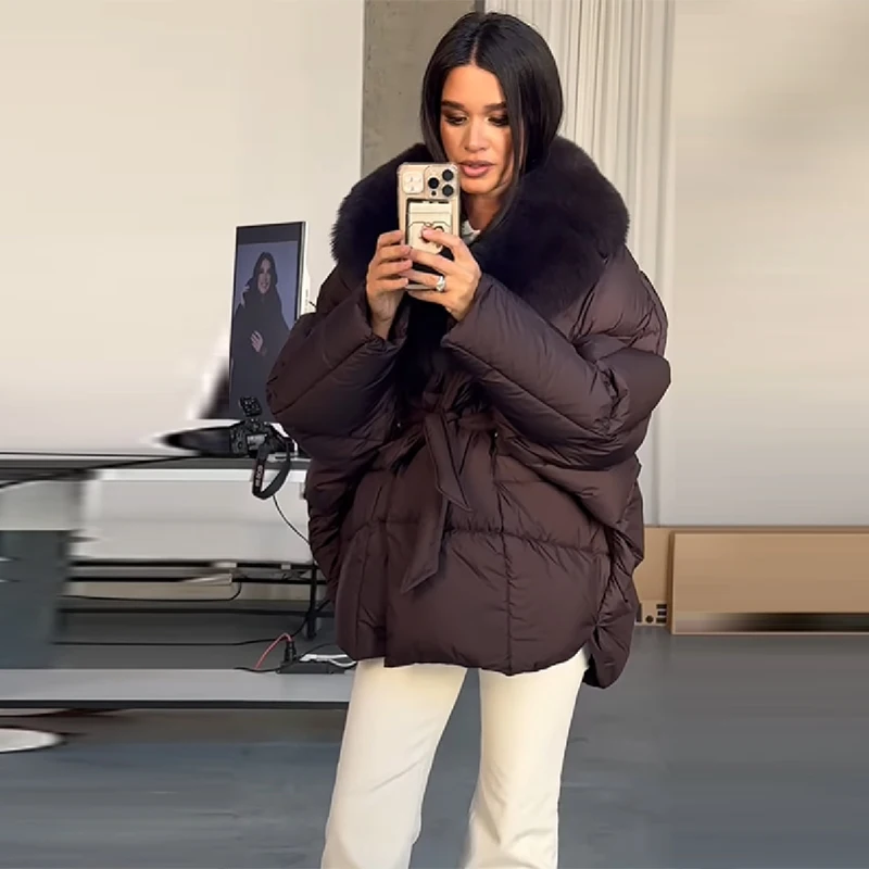 Women's Winter Parka Cotton Jacket High quality Detachable Fur Collar Brown Loose Thickened Coat NEW Lady Daily Commute Outwears