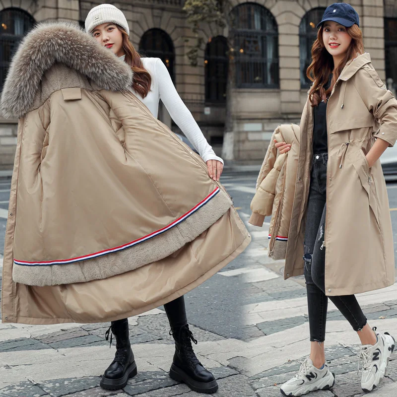 Women Hooded Parkas Coats Long Jackets Solid Detachable Big Fur Lenth Collar Zipper Drawstring Slim Fit Thick Casual 2025 Winter