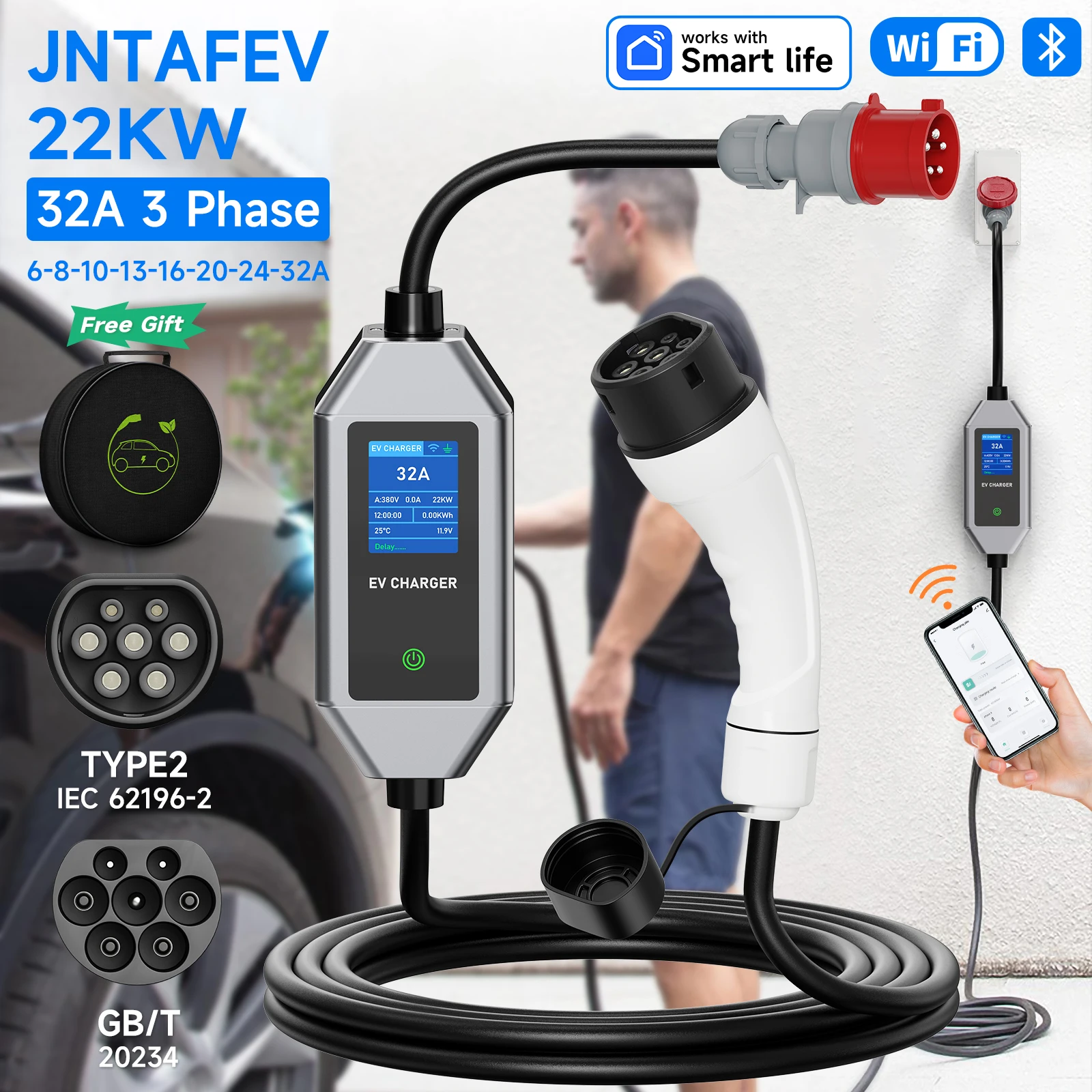 JANAFEV 22KW 32A 3 Phase Type2 Portable EV Charger Wi-Fi APP Control EVSE Charging Box Electric Car Charging Station for EV