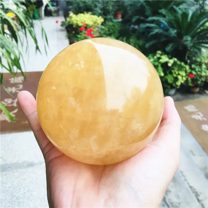 Natural Citrine Calcite Quartz Crystal Sphere Ball Healing Gemstone Home Decor + Wood Bracket