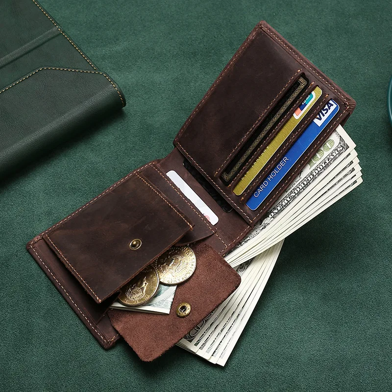 Men's RFID Blocking Cowboy Genuine Natural Crazy Horse Leather Bifold Wallet Vintage Handmade Credit Card Holder Coin Purse